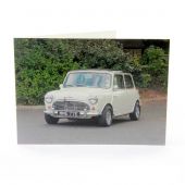 Greetings card featuring a white MK1 Austin Mini Cooper S