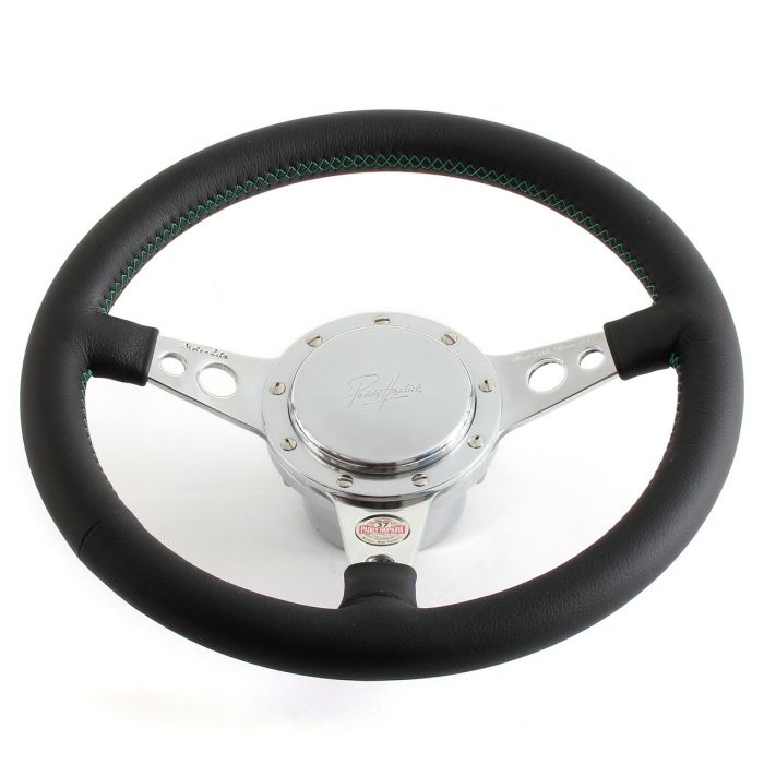 Paddy Hopkirk Classic Mini Black Steering Wheel with Green Stitching