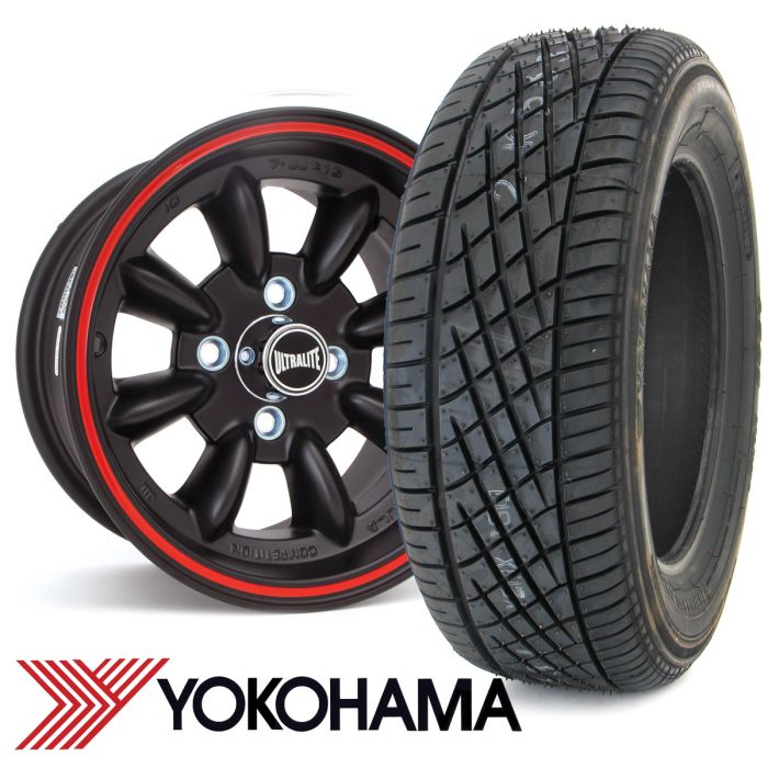 7" x 13" black/red pinstripe Ultralite alloy wheel and Yokohama A539 tyre package